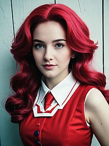 Young Woman with Red Hair in Stylish Red Dress