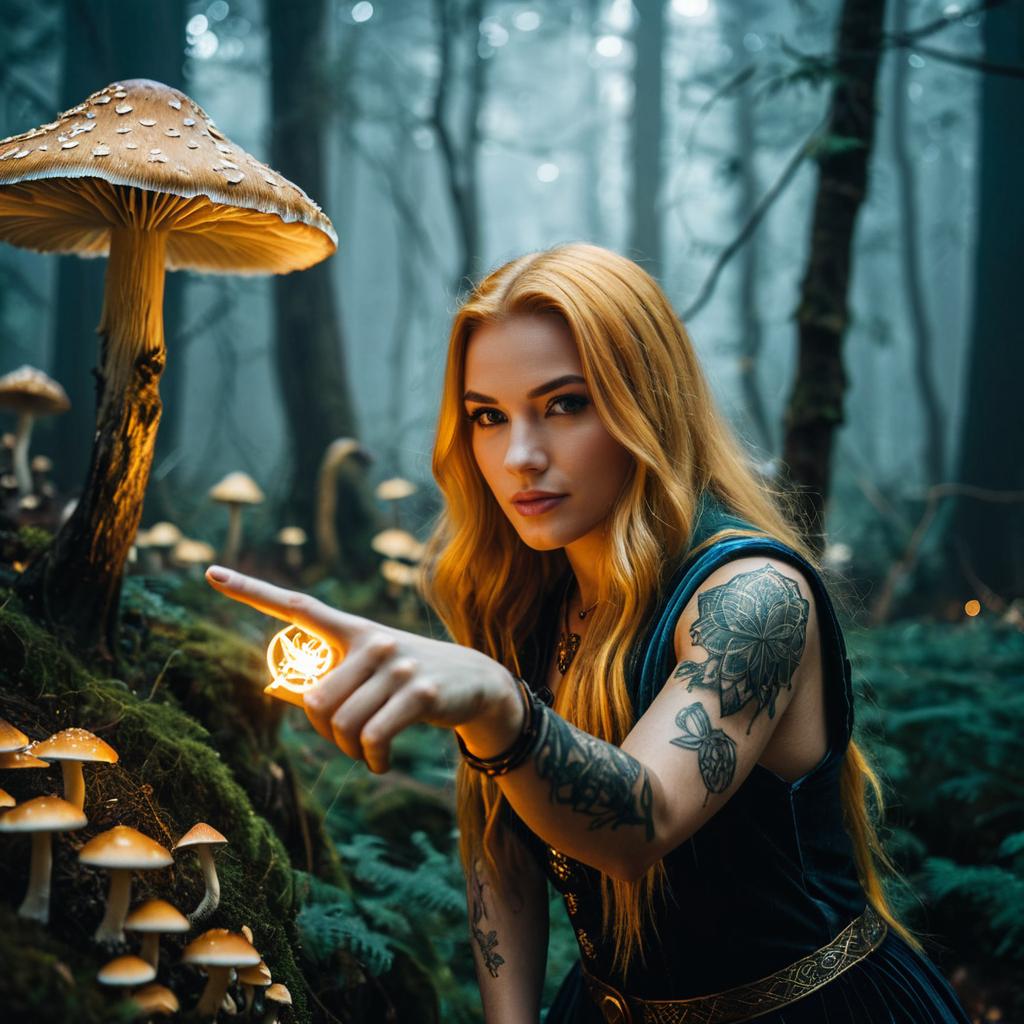 Mystical Woman with Tattoos in Enchanted Forest Pointing at Glowing Light