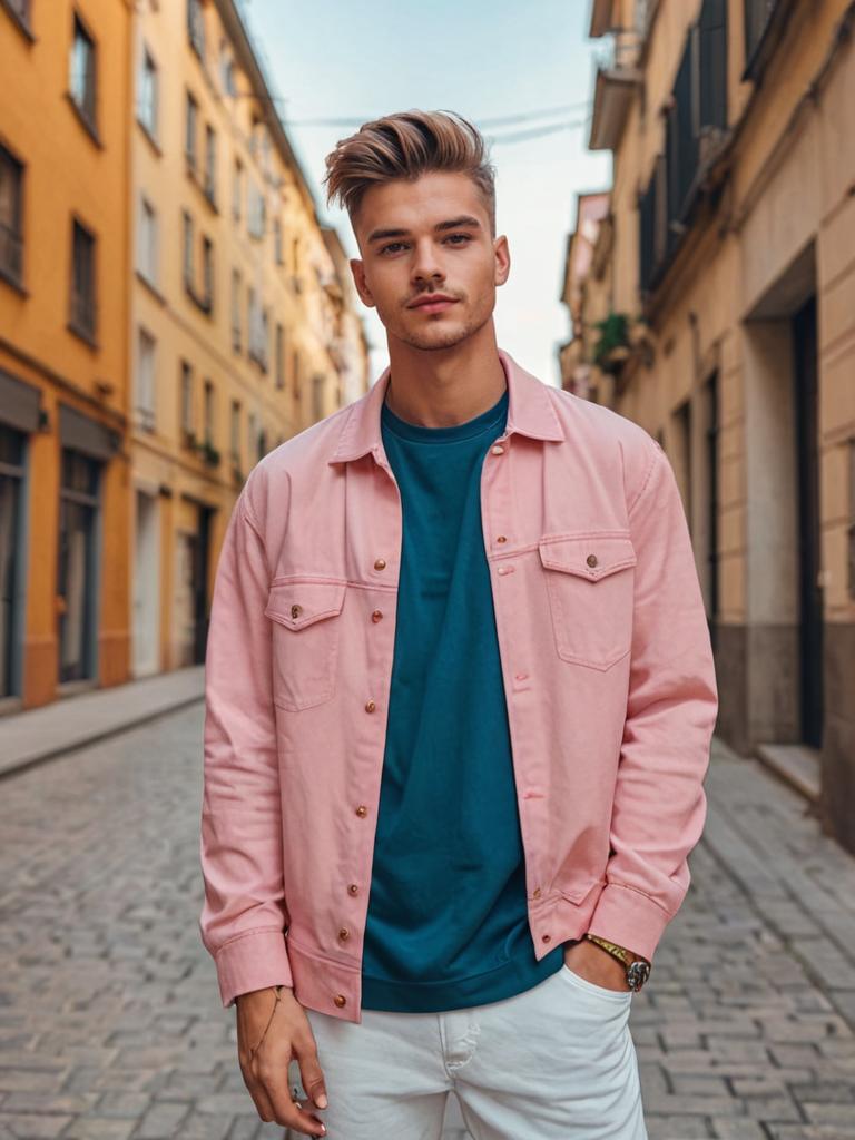 Stylish man in pastel pink jacket and white pants