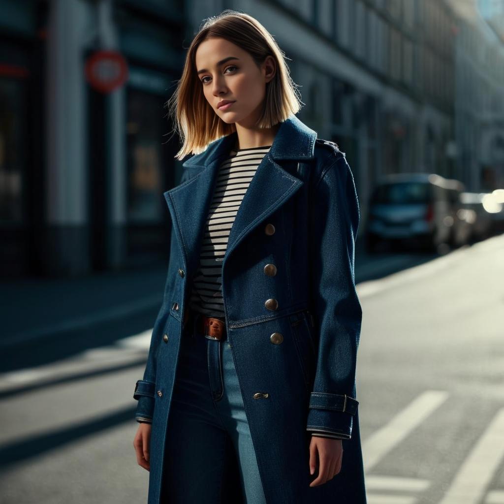 Confident Young Woman in Dark Blue Trench Coat on City Street Confident Young Woman in Dark Blue Trench Coat on City Street