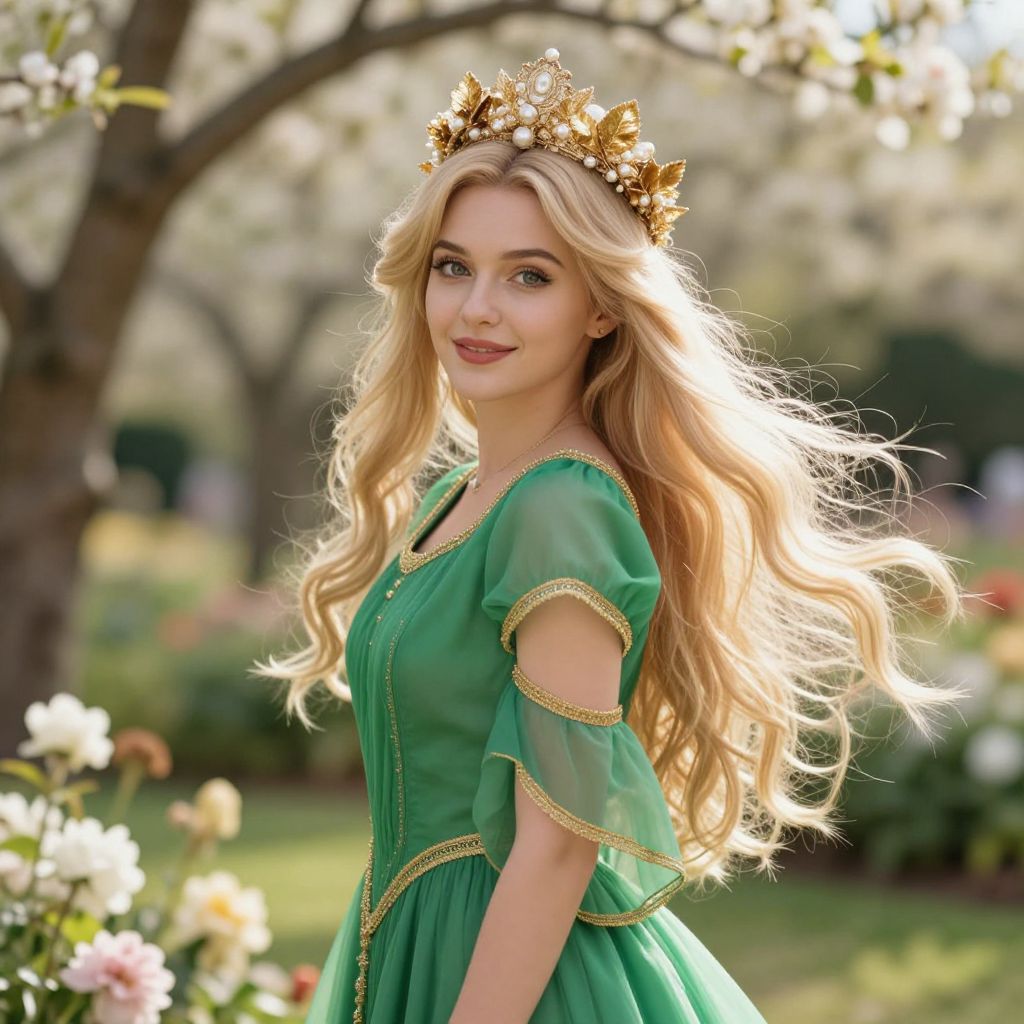 Portrait of Woman in Green Medieval Dress with Golden Crown in Garden