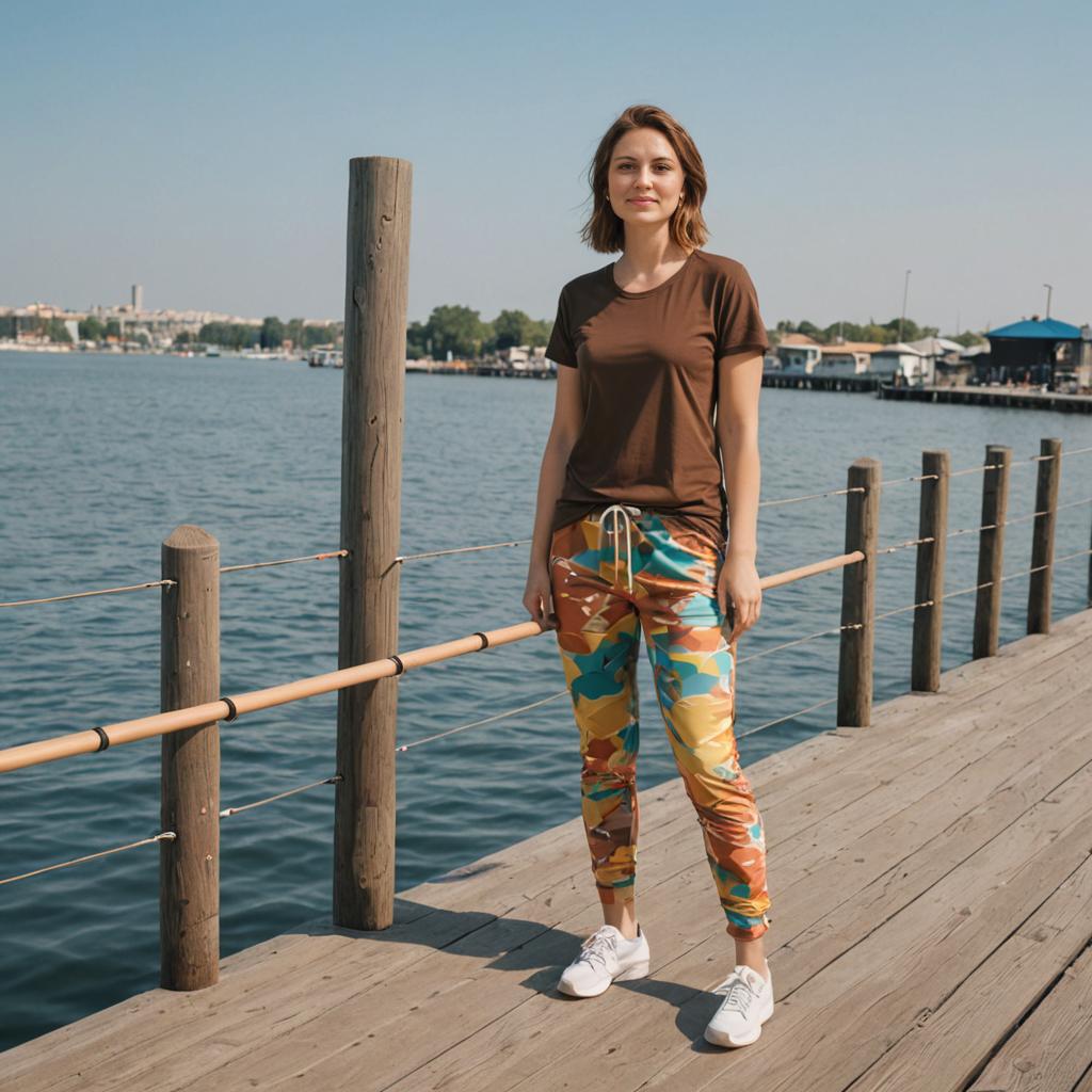 Confident Woman in Floral Trousers on Pier