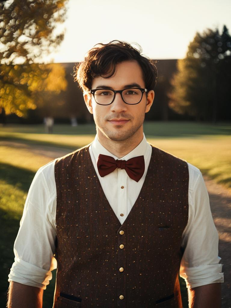 Photorealistic Outdoor Portrait of Man in Nerd Costume with Bow Tie