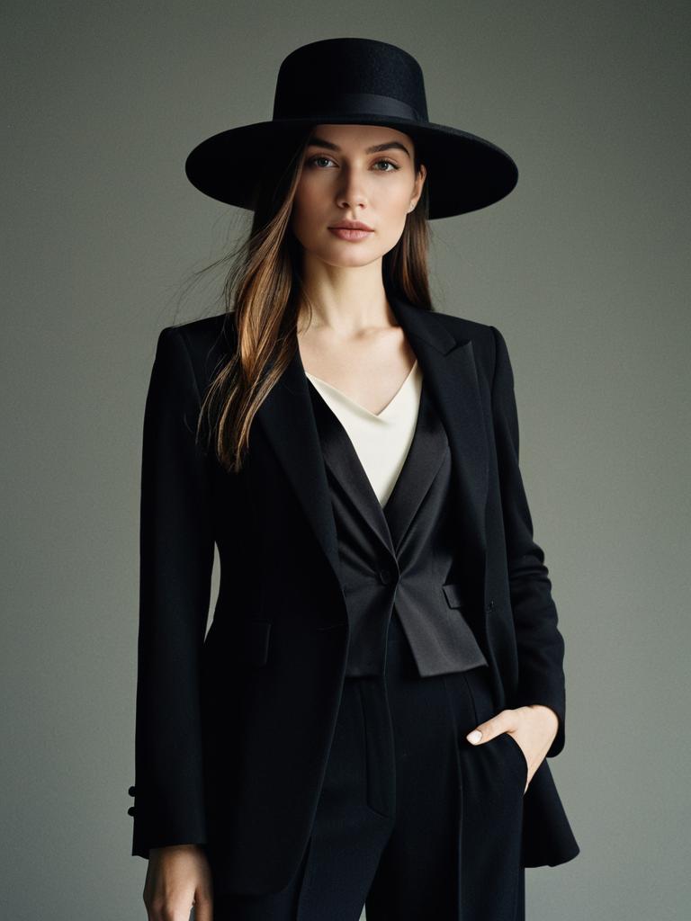 Elegant Woman in Black Tailored Suit and Wide-Brimmed Hat