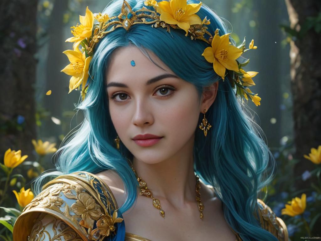 Flower Princess with Emerald Eyes and Blue Hair