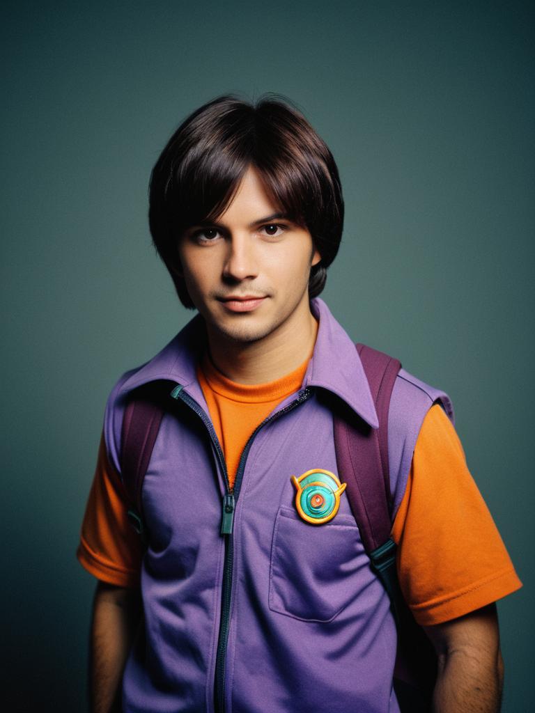 Young Man in Purple Vest and Orange Shirt