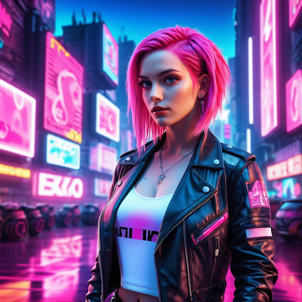 Stylish woman with pink hair in a neon-lit futuristic city