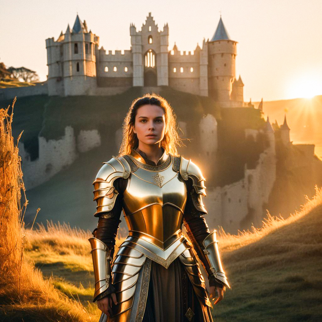 Formidable Woman in Golden Armor at Sunset