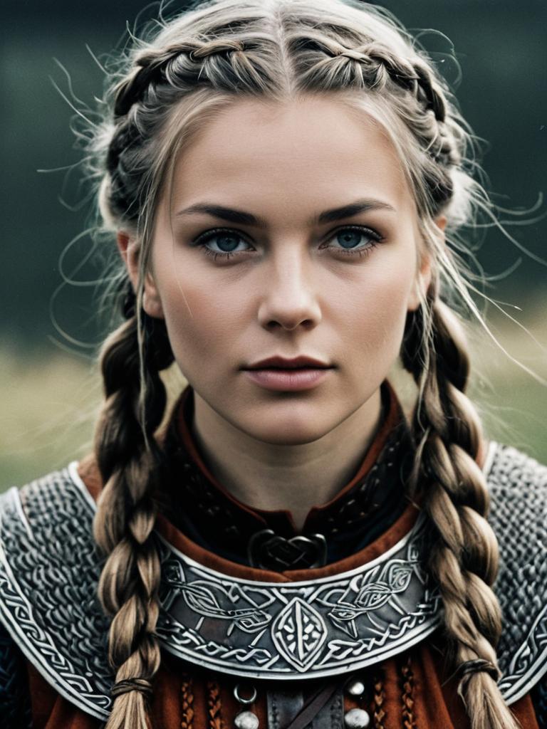 Close-Up Portrait of Woman in Authentic Viking Costume with Braids and Nordic Armor Close-Up Portrait of Woman in Authentic Viking Costume with Braids and Nordic Armor