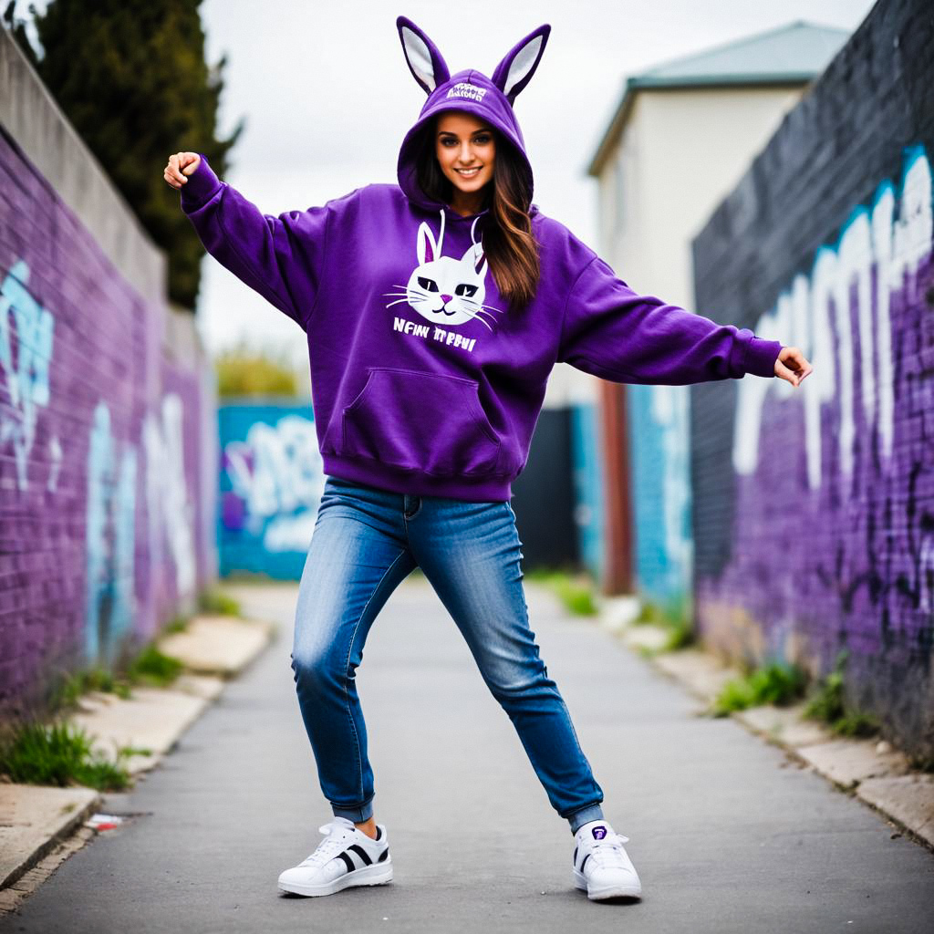 Young Woman in Purple Hoodie in Urban Alley Young Woman in Purple Hoodie in Urban Alley