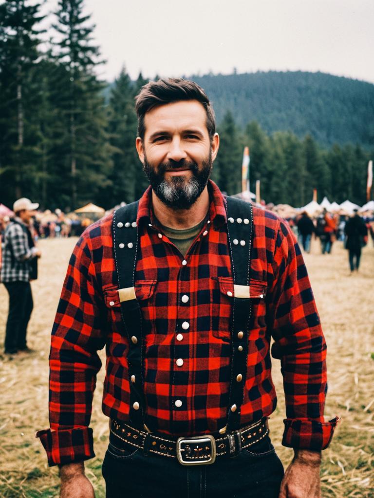 Man in Lumberjack Costume at Outdoor Festival in Plaid Shirt