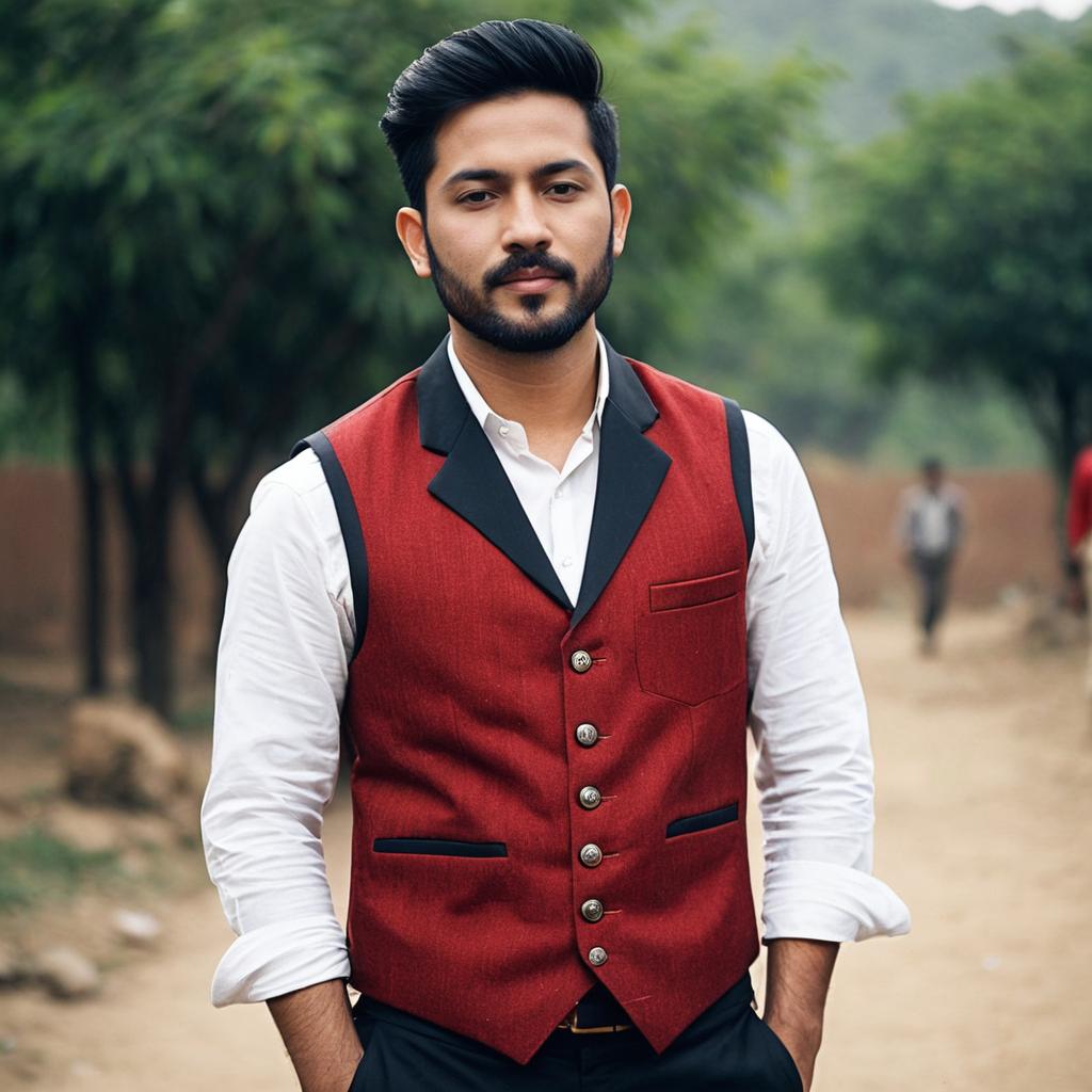 Young man in red waistcoat outdoors