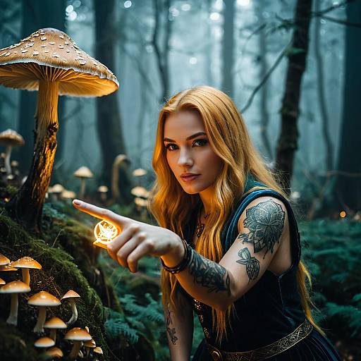 Mystical Woman with Tattoos in Enchanted Forest Pointing at Glowing Light