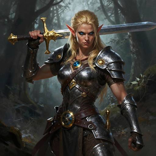 Fierce Female Elf Warrior in Armor Holding Sword in Mystic Forest