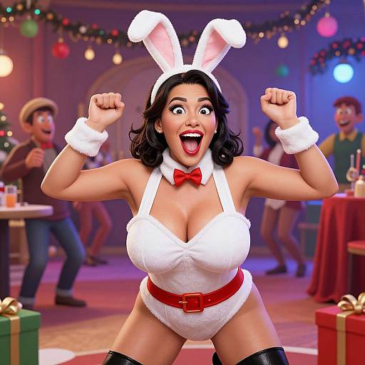Joyful Woman in Bunny Costume at Festive Holiday Party