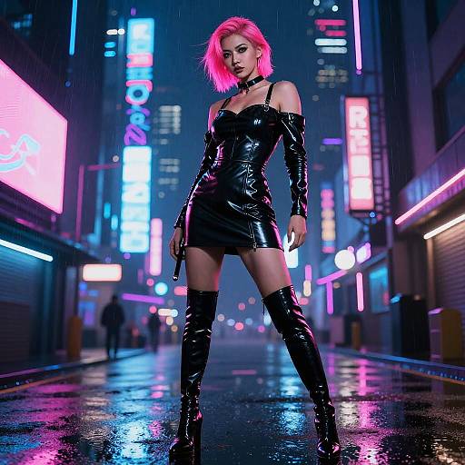 Cyberpunk Woman with Pink Hair in Black Leather Outfit on Neon City Street