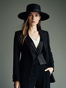 Elegant Woman in Black Tailored Suit and Wide-Brimmed Hat