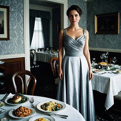 Elegant Woman in Silver Evening Gown Standing in Classic Dining Room