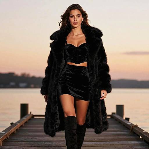 Woman in Luxe Winter Chic Black Fur Coat and Velvet Outfit at Dusk on Pier