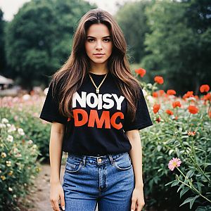 Young Woman in Garden with Graphic Tee and Jeans