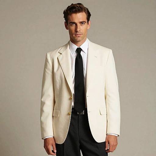 Man Wearing Cream Blazer with Black Tie and Trousers, Formal Style