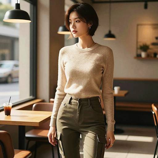 Young Woman in Beige Sweater and Olive Cargo Pants in Modern Cafe