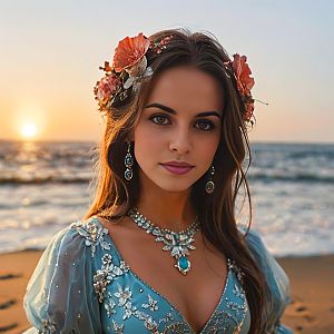 Young Woman in Blue Dress at Sunset Beach
