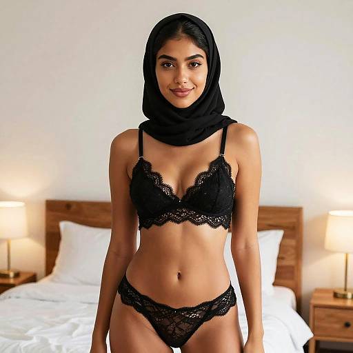 Confident Woman in Black Lace Lingerie and Hijab in Modern Bedroom
