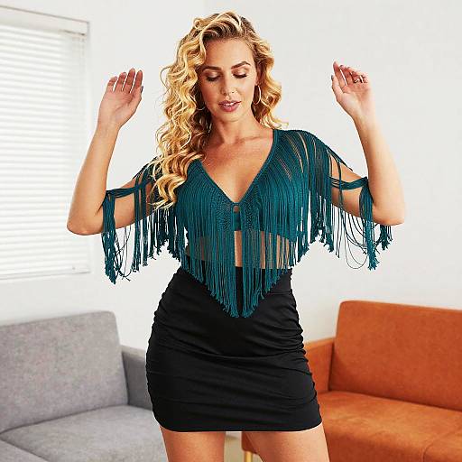 Woman in Teal Fringe Crop Top and Black Mini Skirt Indoor Fashion