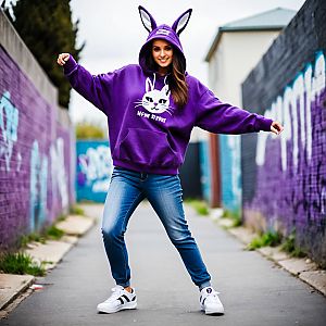 Young Woman in Purple Hoodie in Urban Alley