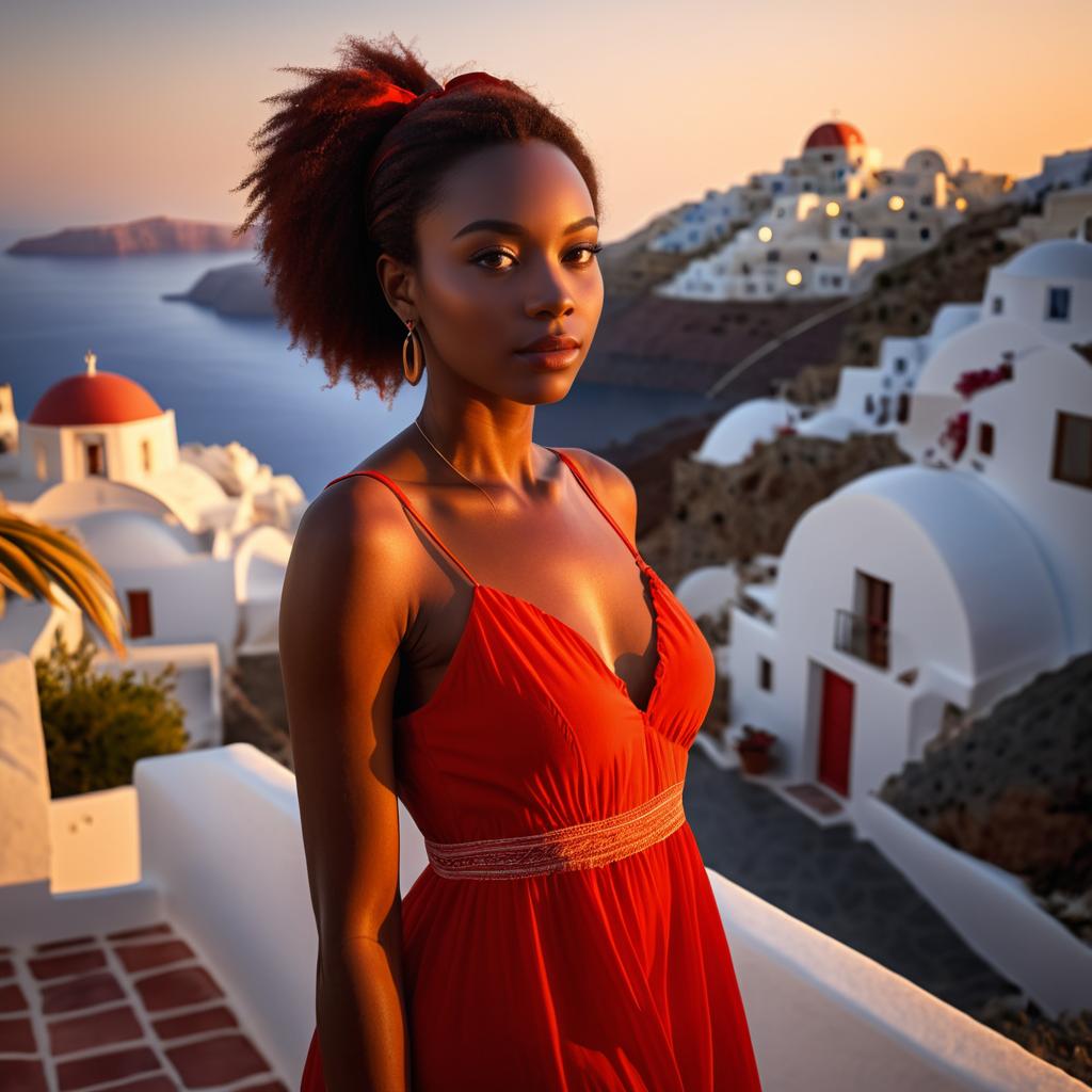 Woman in Red Dress at Santorini Sunset