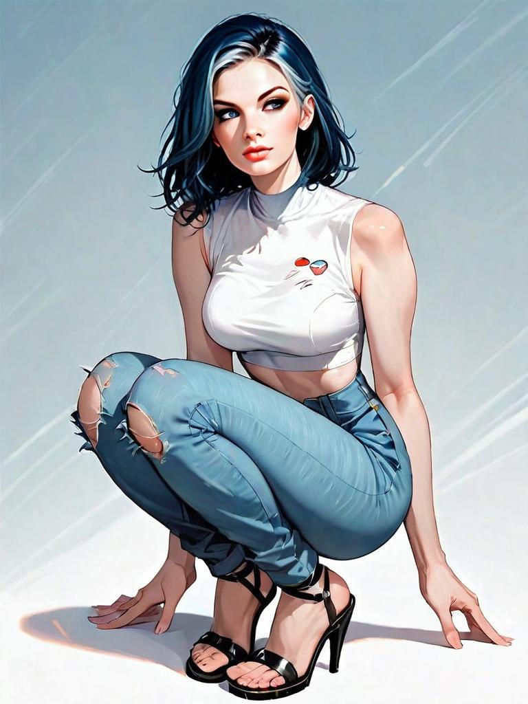 Realistic Comic Style Illustration of Woman in Crop Top and Ripped Jeans