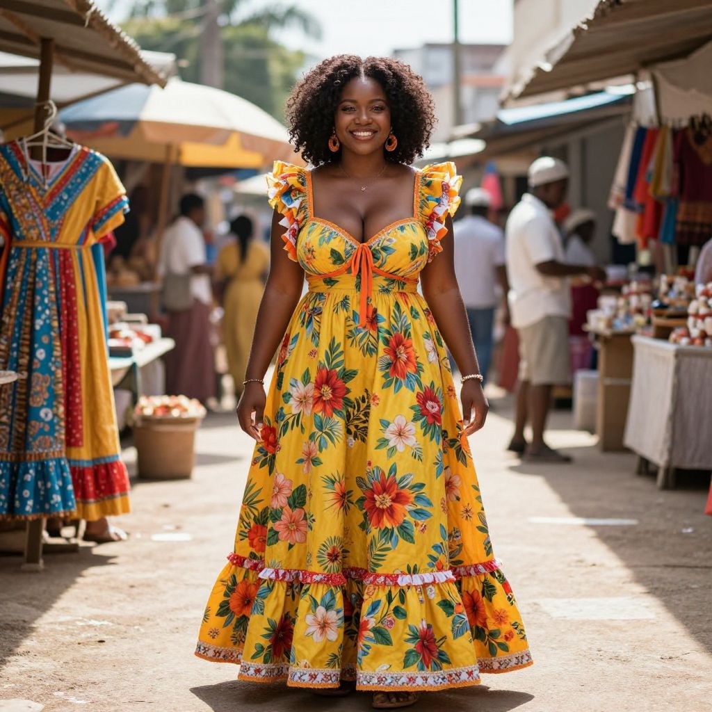 Woman in Yellow Floral Maxi Dress at Outdoor Market