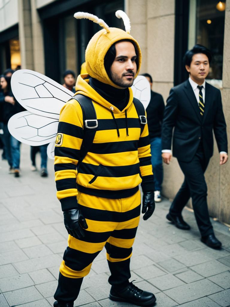 Man in Realistic Charmy Bee Cosplay Costume on City Street