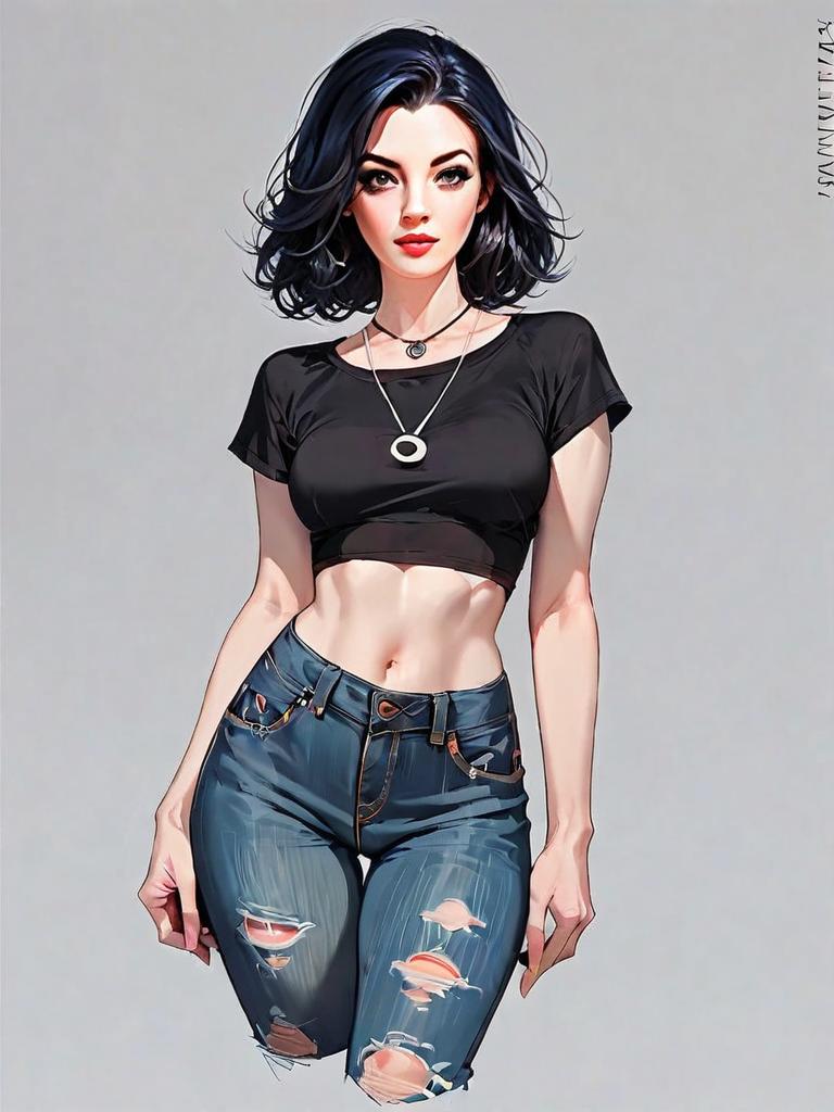 Realistic Comic Style Portrait of Woman in Casual Ripped Jeans and Black Crop Top
