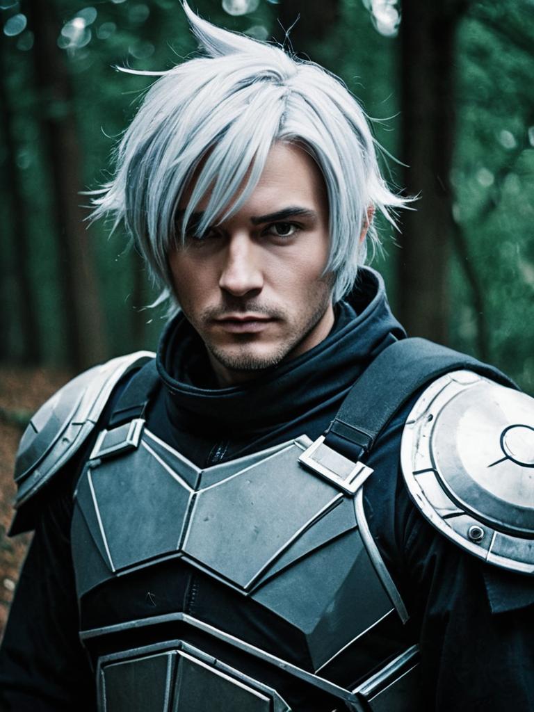 Man in Anya Cosplay with Silver Hair and Armor Editorial Portrait