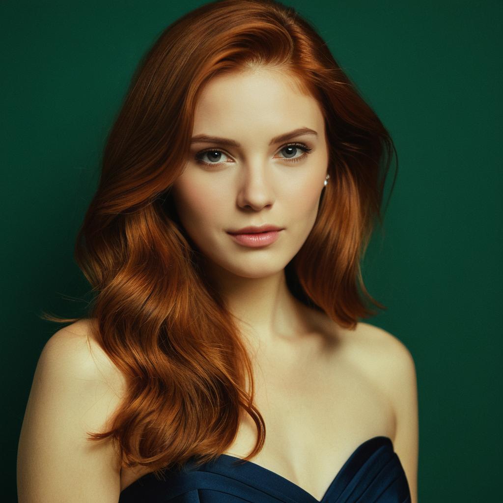 Portrait of Young Red-Haired Woman in Blue Dress on Green Background
