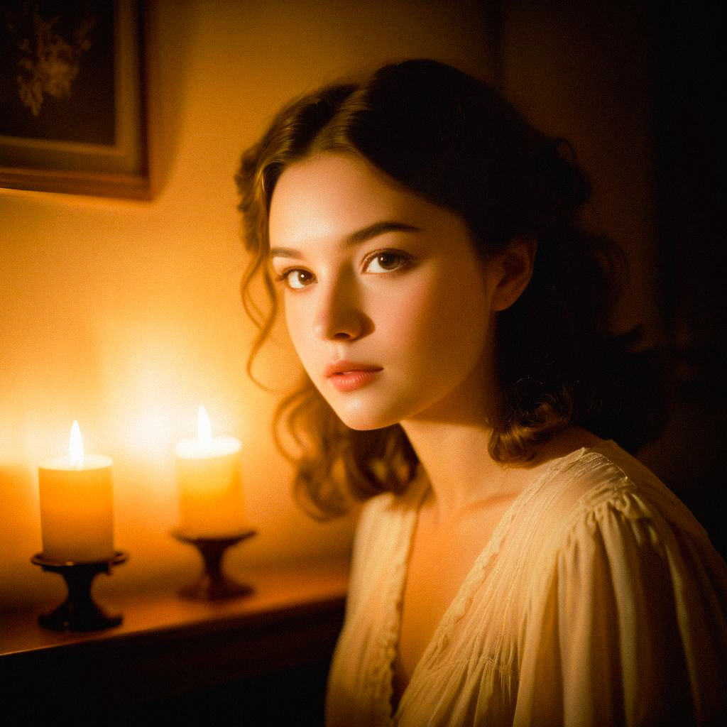 Young Woman in Vintage Attire with Candles