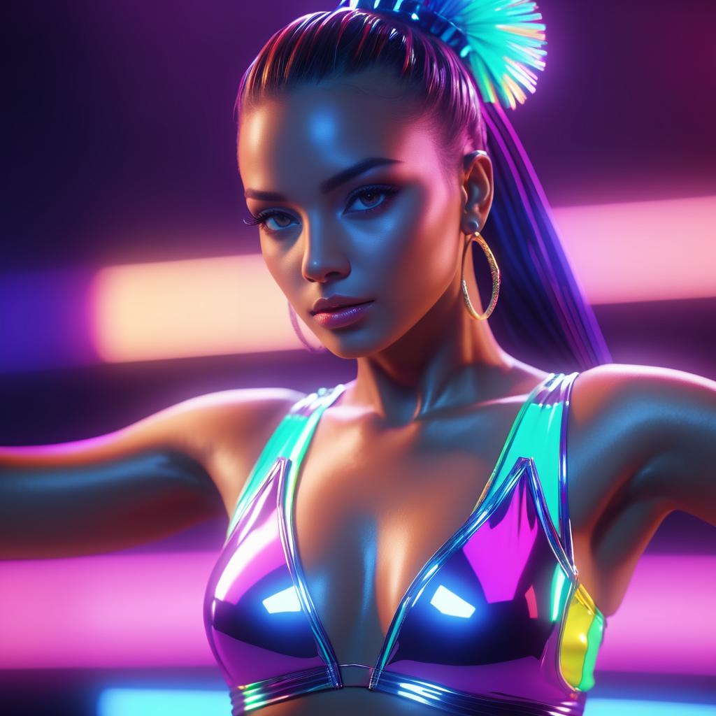 Stylish Woman in Iridescent Outfit Against Neon Background