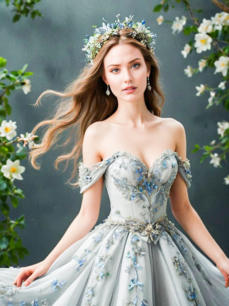Young Woman in Elegant Off-Shoulder Ball Gown Amidst Blooming Branches