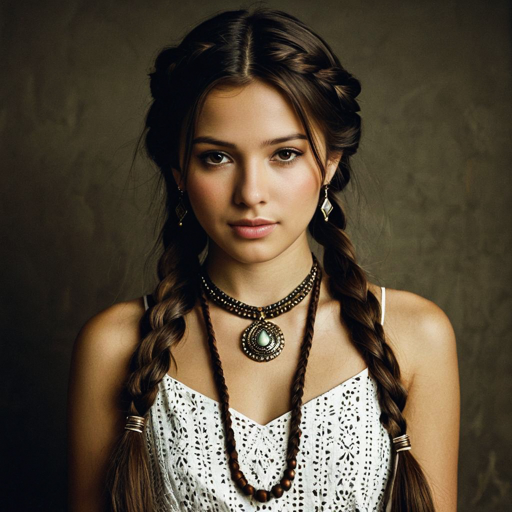 Young Woman in Embroidered Top with Beaded Necklaces
