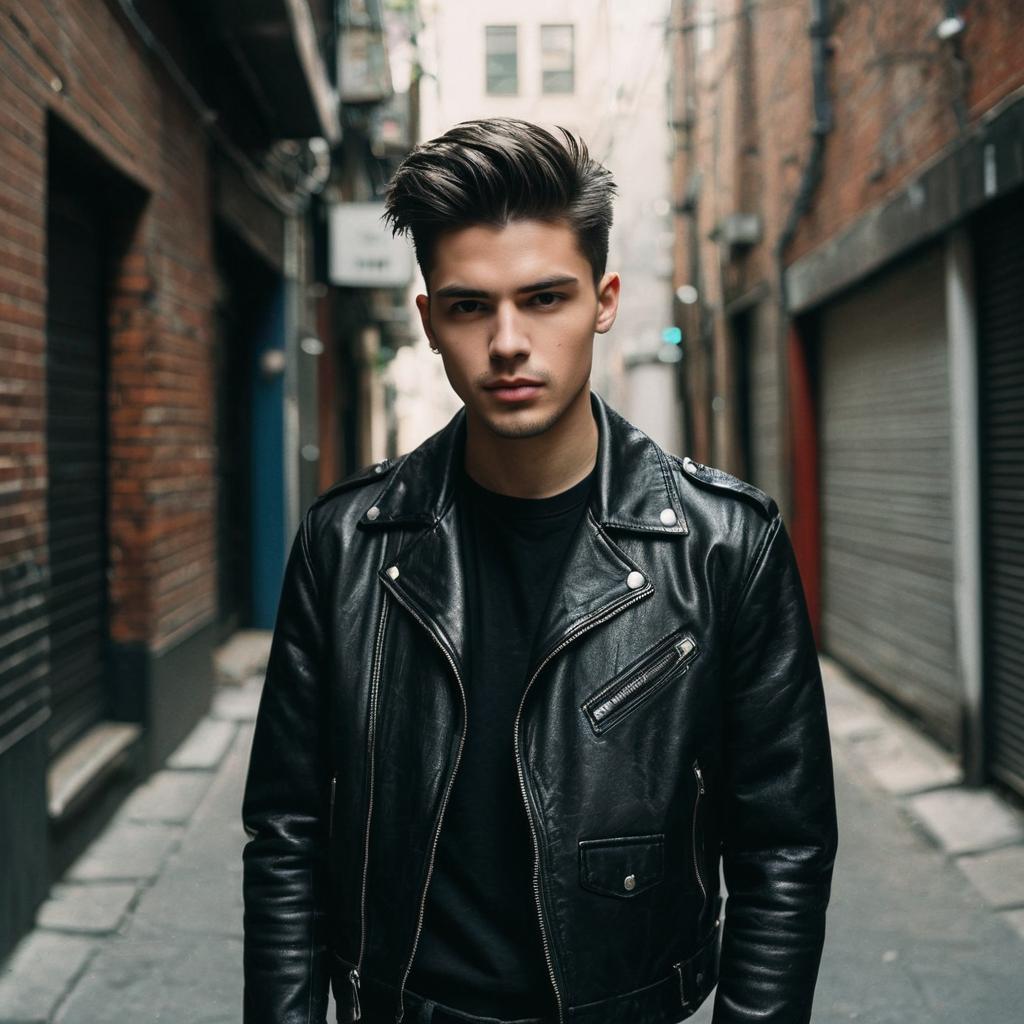Stylish Young Man in Black Leather Jacket Standing in Urban Alleyway