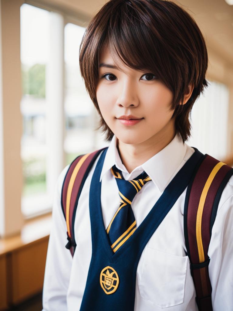 Portrait of Young Man in School Uniform with Backpack