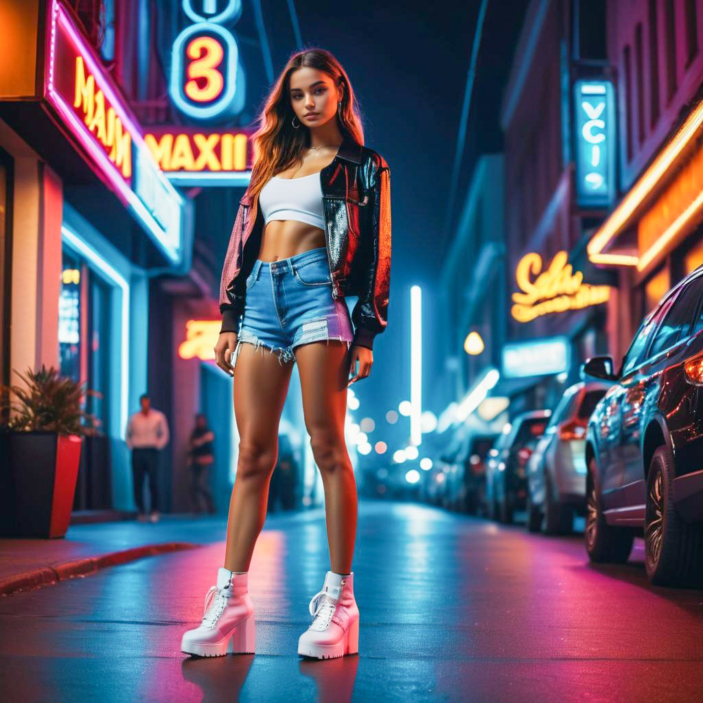 Stylish Young Woman in Trendy Outfit with Neon Lights