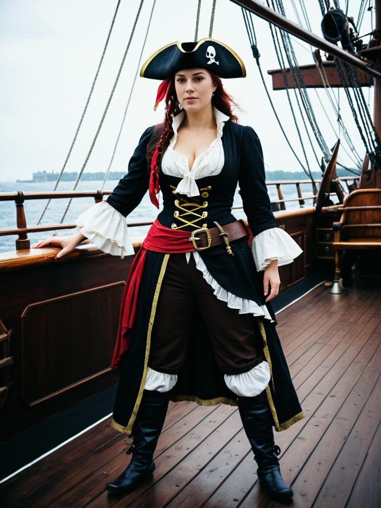 Woman in Pirate Costume Full Body Cosplay Photo on Ship Deck