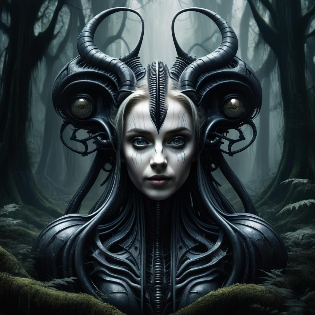 Biomechanical Woman in Dark Forest