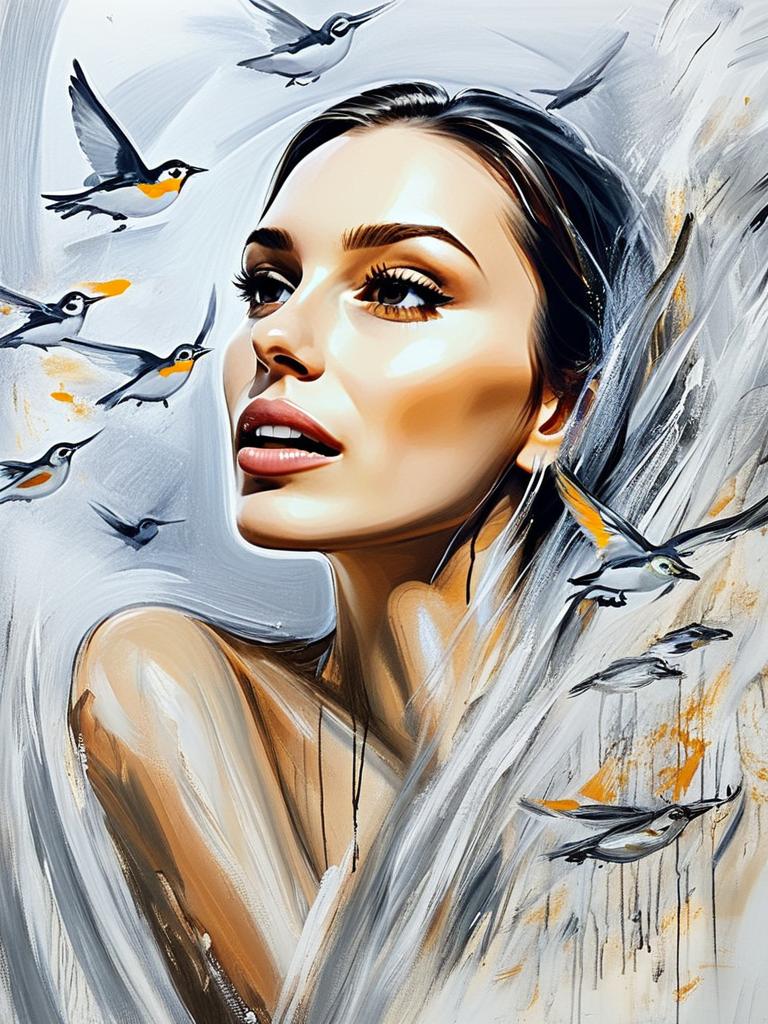 Thoughtful Woman with Birds in Dreamy Landscape Thoughtful Woman with Birds in Dreamy Landscape