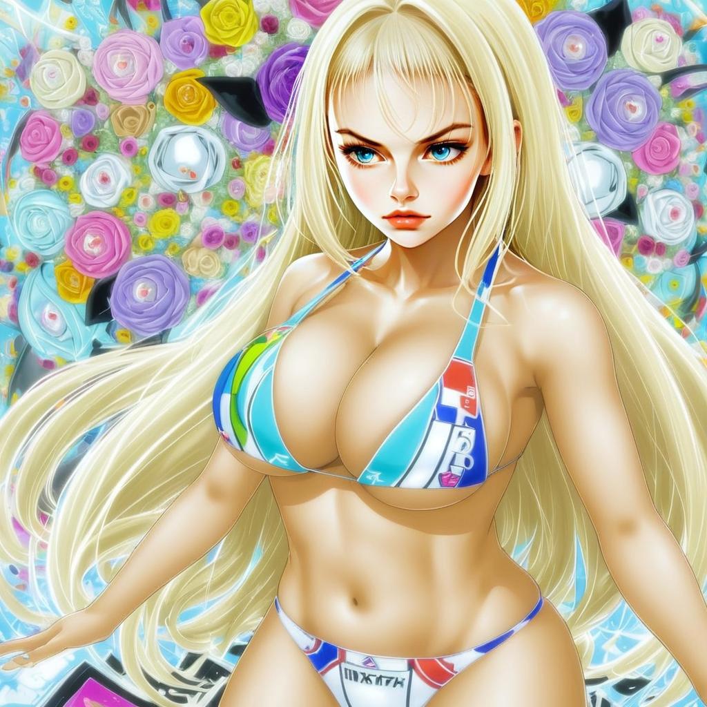 Anime Woman in Colorful Bikini with Blonde Hair and Flower Background