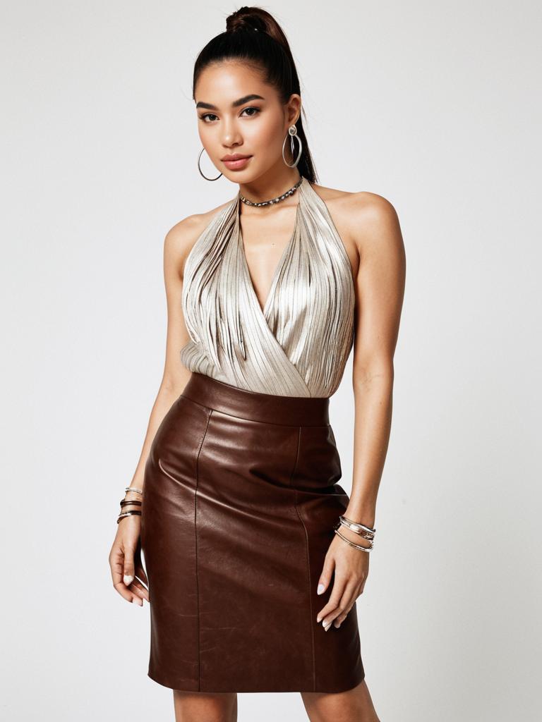Modern Chic Woman in Beige Halter Top and Brown Leather Skirt