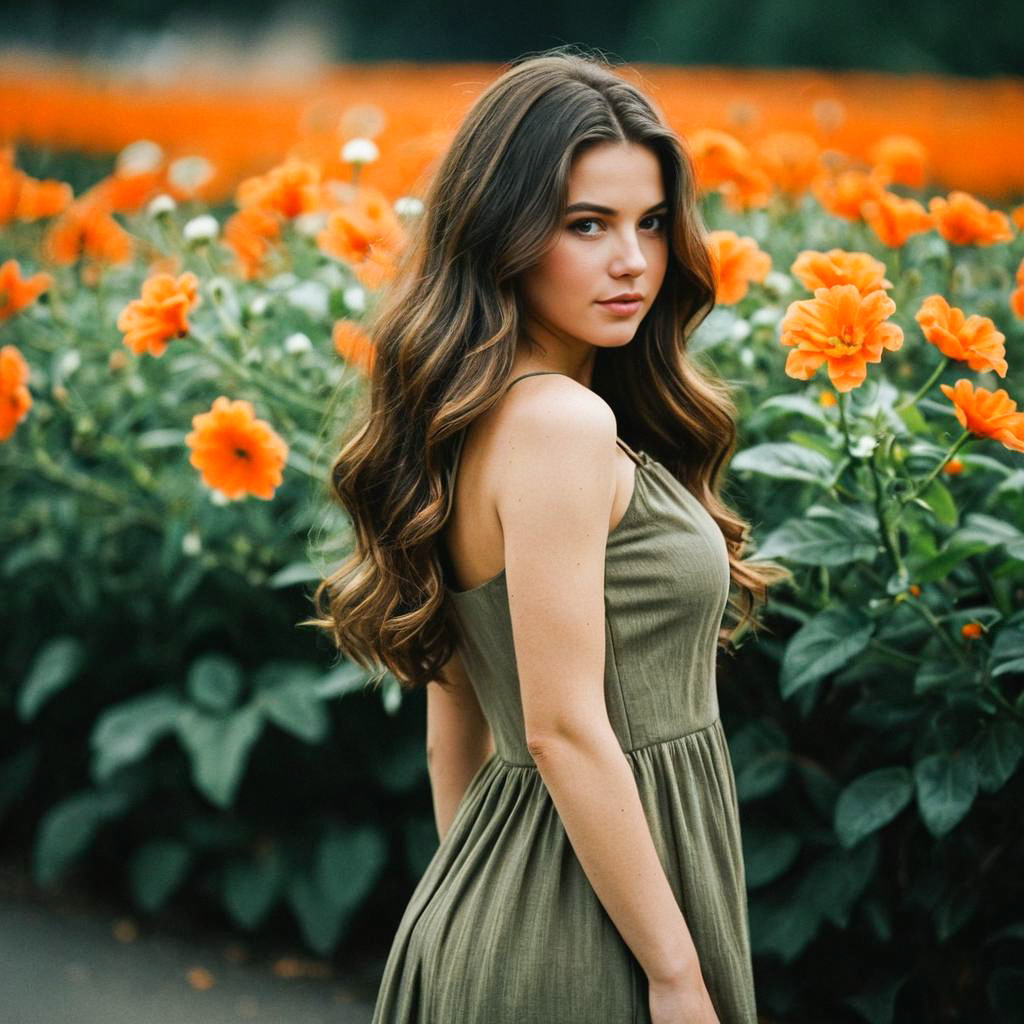 Young Woman in Orange Flower Field Young Woman in Orange Flower Field